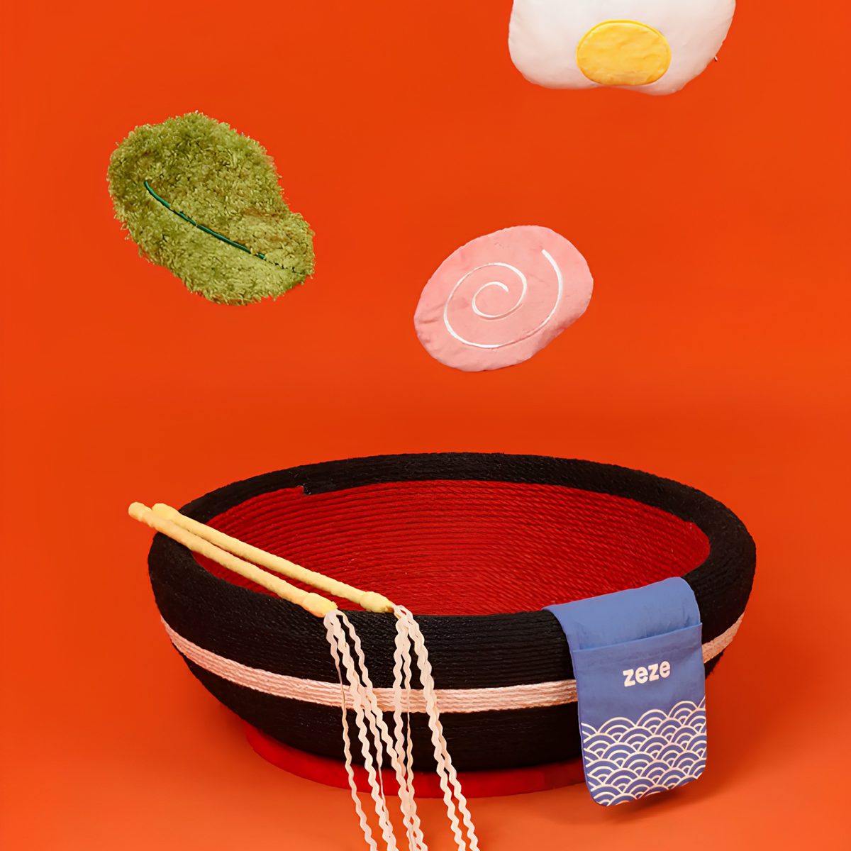 zeze big ramen bowl cat scratcher in black and red rope with plush egg, fishcake and chopsticks