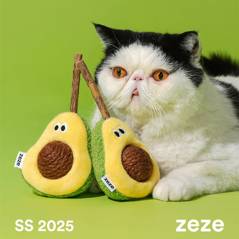 zeze plush avocado cat toy with a rope-wound hemp ball stone and a silvervine stick