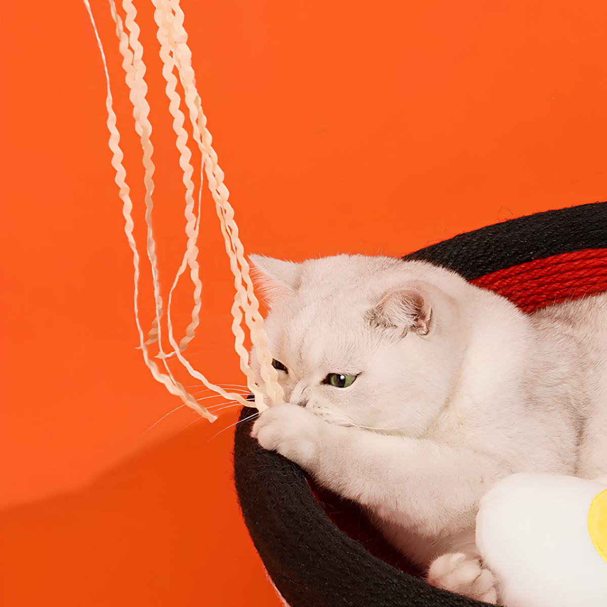 zeze big ramen bowl cat scratcher in black and red rope with plush egg, fishcake and chopsticks