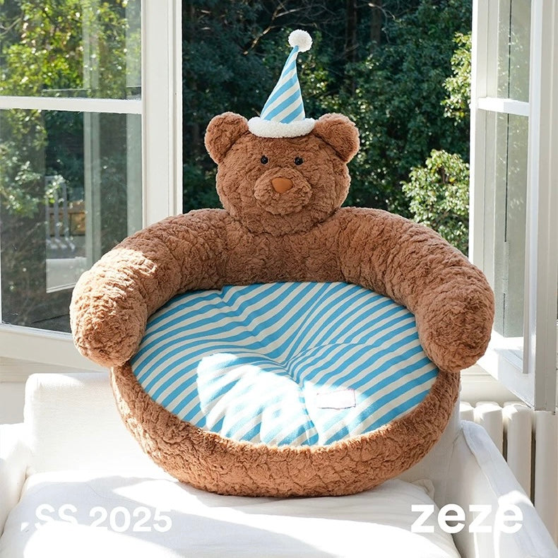 zeze Sleepy Nick Bear Pet Sofa: brown plush bear bed with blue and white striped cushion and nightcap