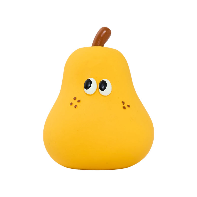 zeze latex squeaky dog toys shaped like broccoli, a half apple, a pear and an orange
