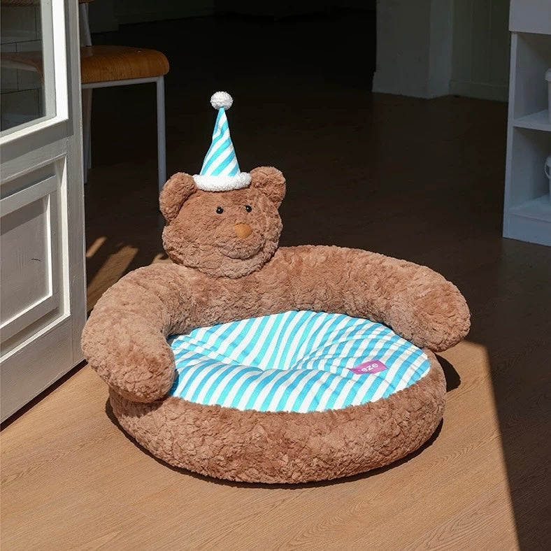 zeze Sleepy Nick Bear Pet Sofa: brown plush bear bed with blue and white striped cushion and nightcap