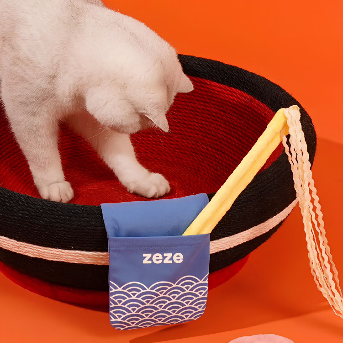 zeze big ramen bowl cat scratcher in black and red rope with plush egg, fishcake and chopsticks