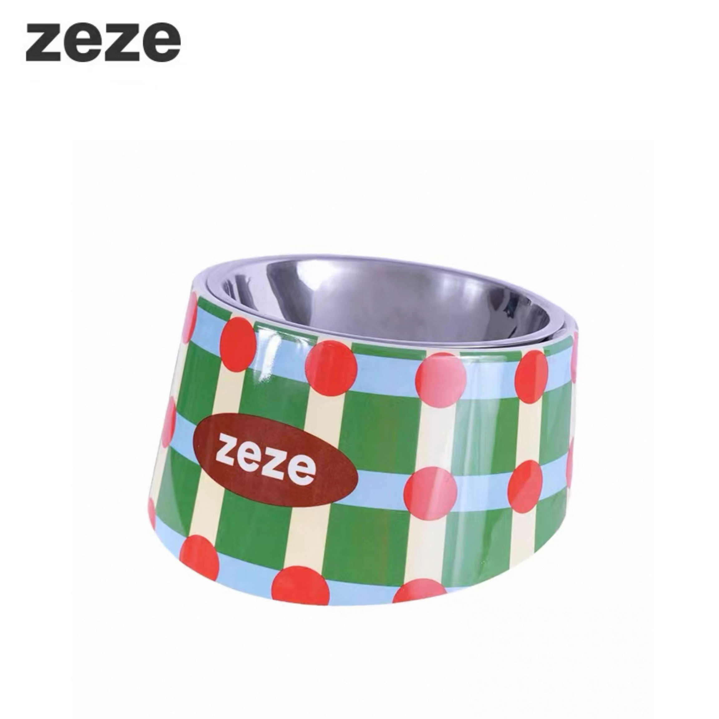 Zeze 15° slanted stainless steel pet bowl with colorful polka dots for cats/dogs.