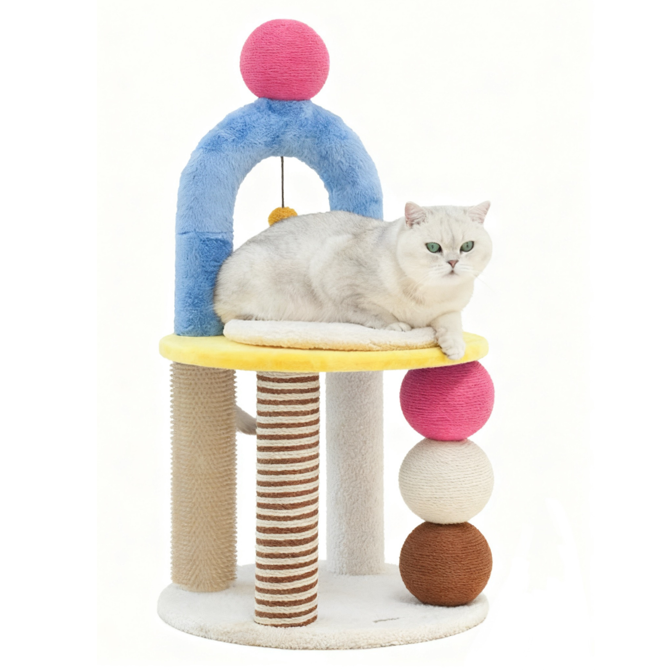 Modern two-tier cat tree with sisal posts, plush perch, and rubbing pole for shared comfort.