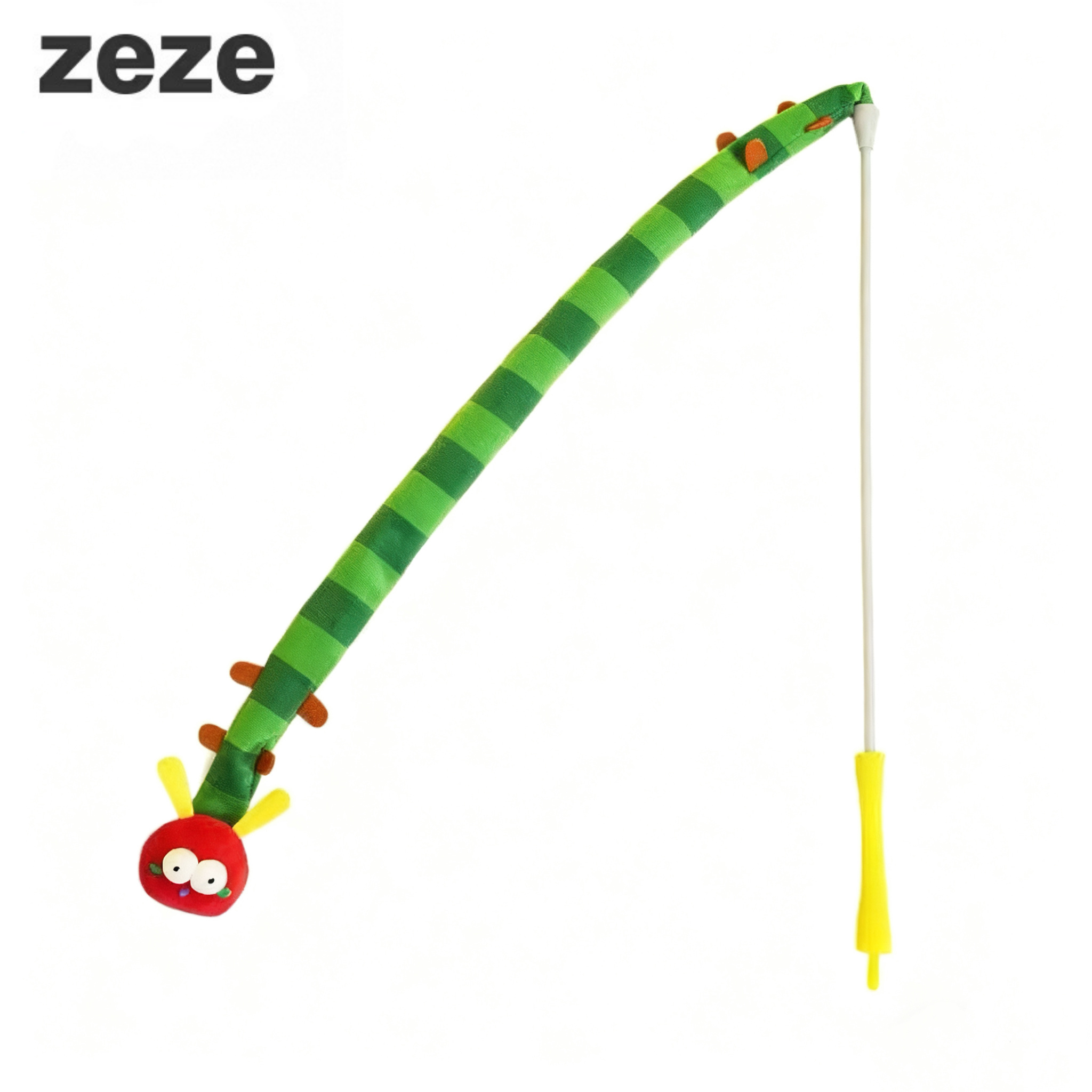 Green/red plush caterpillar cat teaser wand toy with crinkle paper for interactive play.
