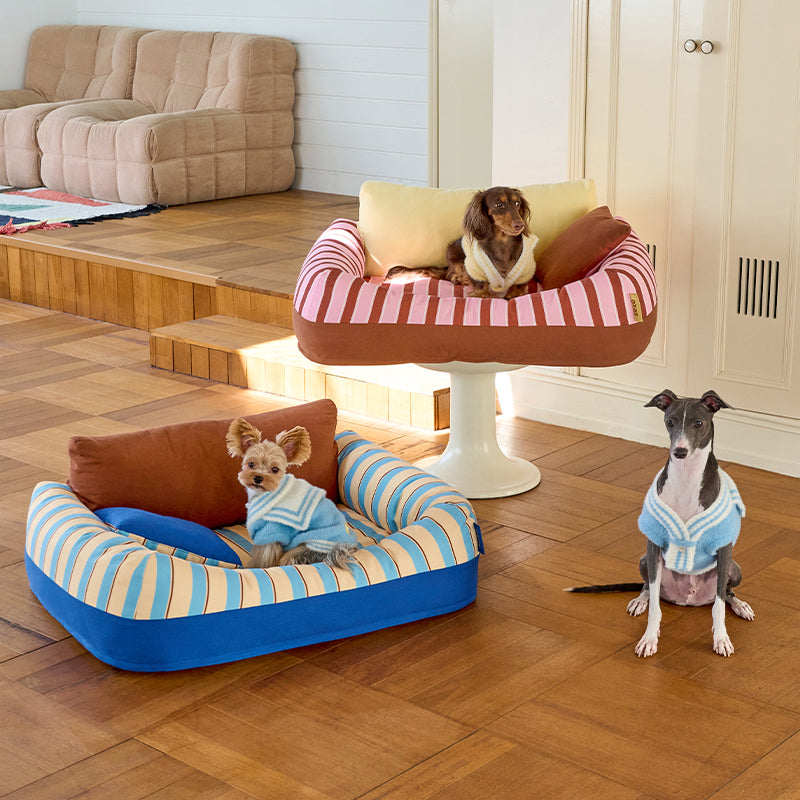zeze Sandwich Pet Sofa Bed — Striped Cotton Canvas Couch with Backrest & Cushion