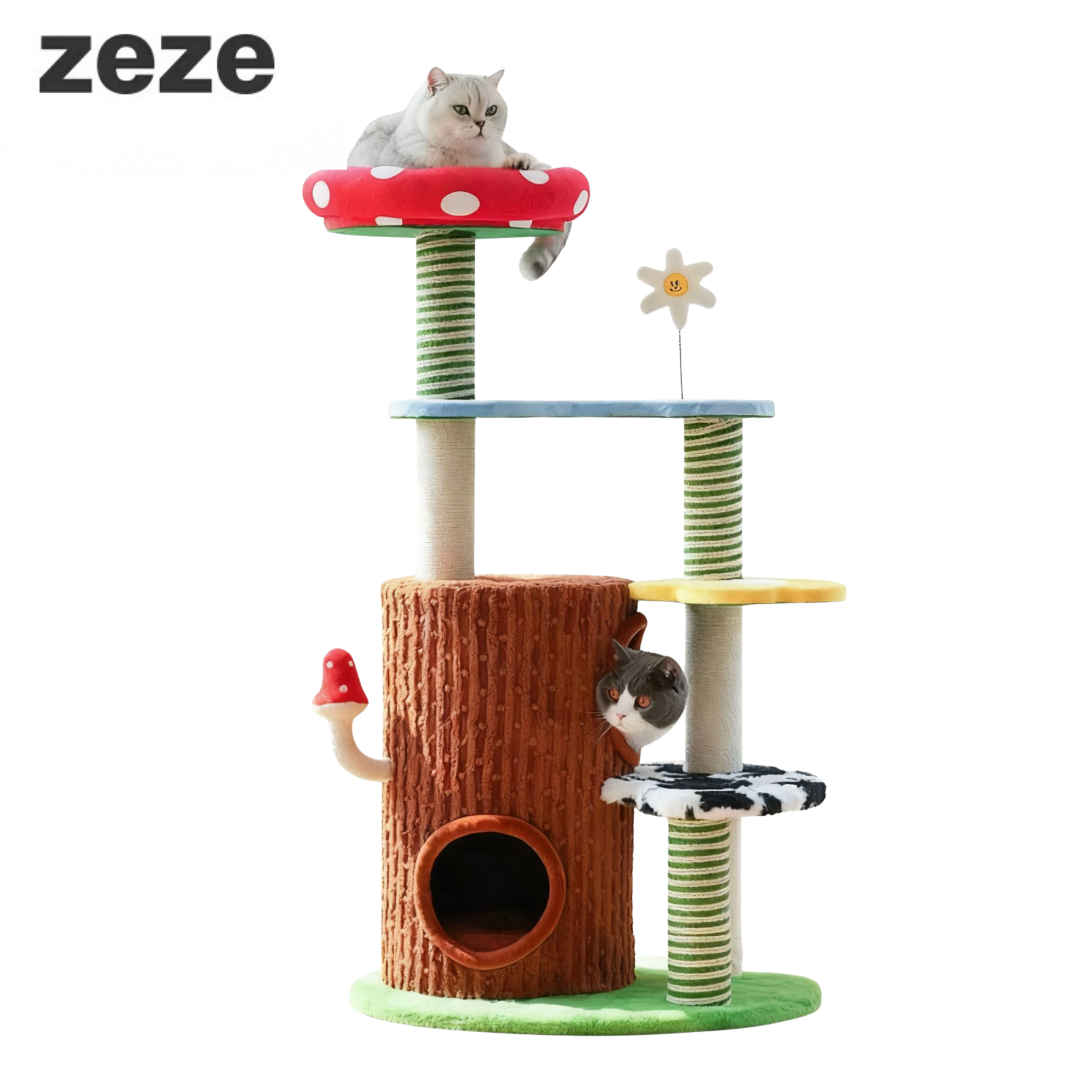 Zeze Fantasy Farm Cat Tree: Multi-level tower with mushroom bed, scratcher, condo, and perch.