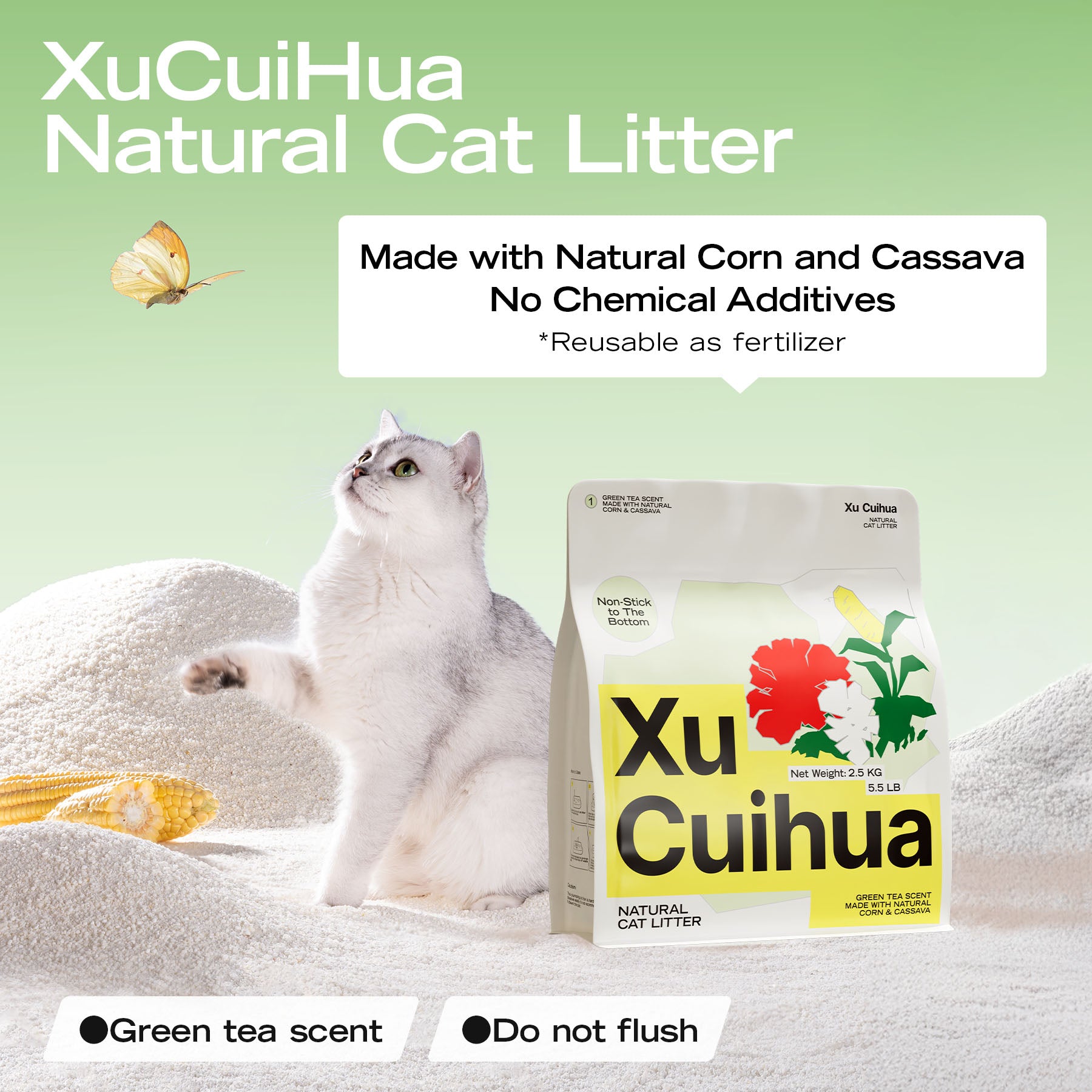 2.5KG natural corn/cassava cat litter, green tea scent. Eco-friendly, biodegradable, odor absorbing.