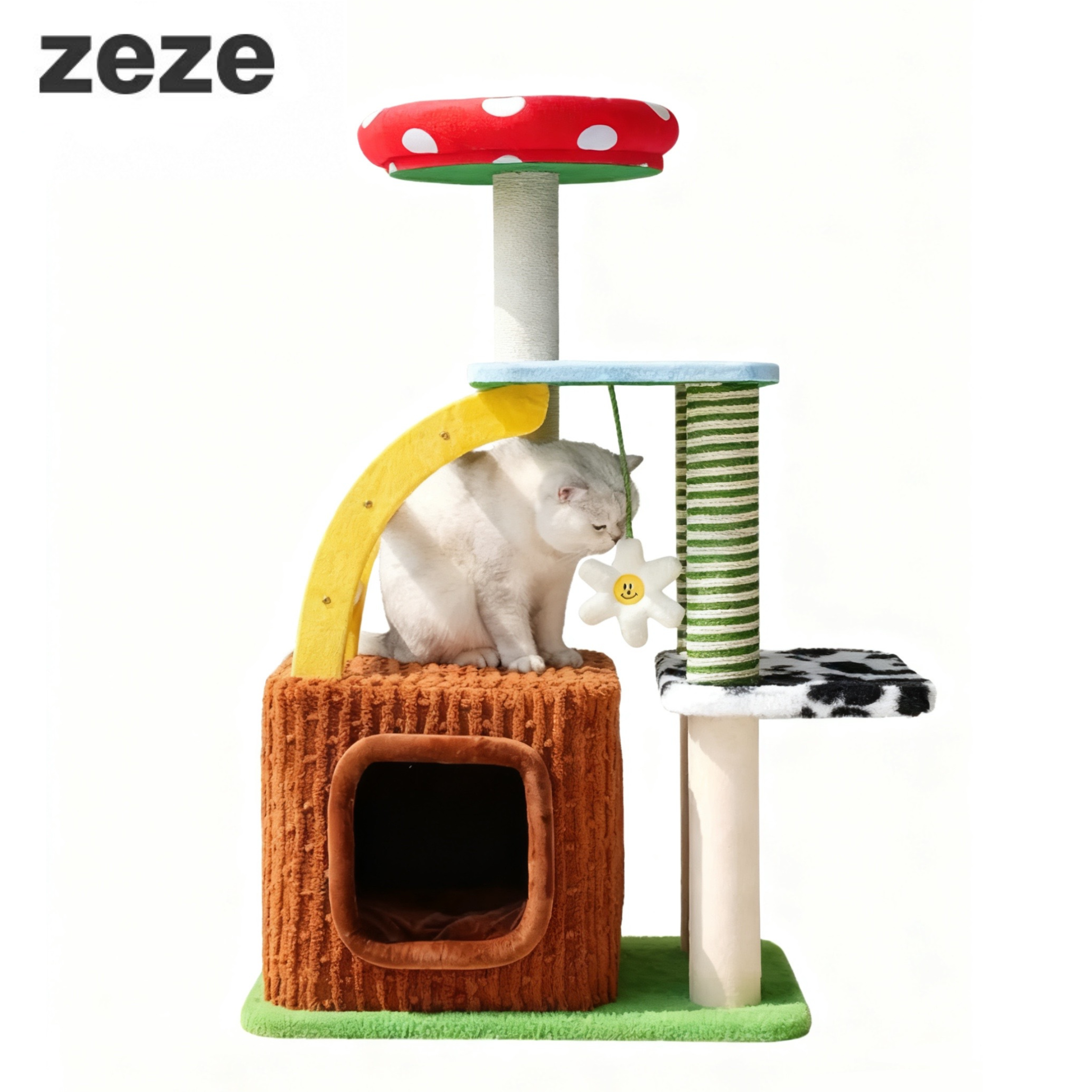 Zeze 3-in-1 whimsical cat tree: multi-level condo, scratcher, mushroom perch. Stylish pet furniture.