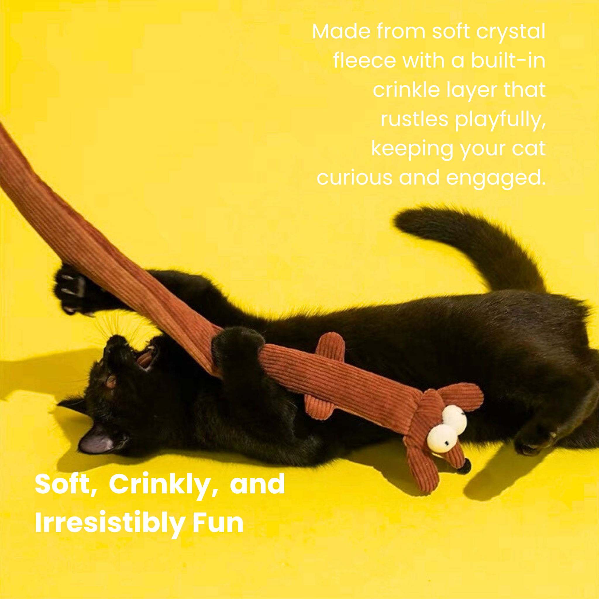 Black cat kicks dachshund teaser wand toy with crinkle film.