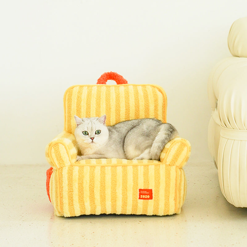 zeze Striped Plush Pet Armchair — High-Backed Cat Chair with Carry Handle