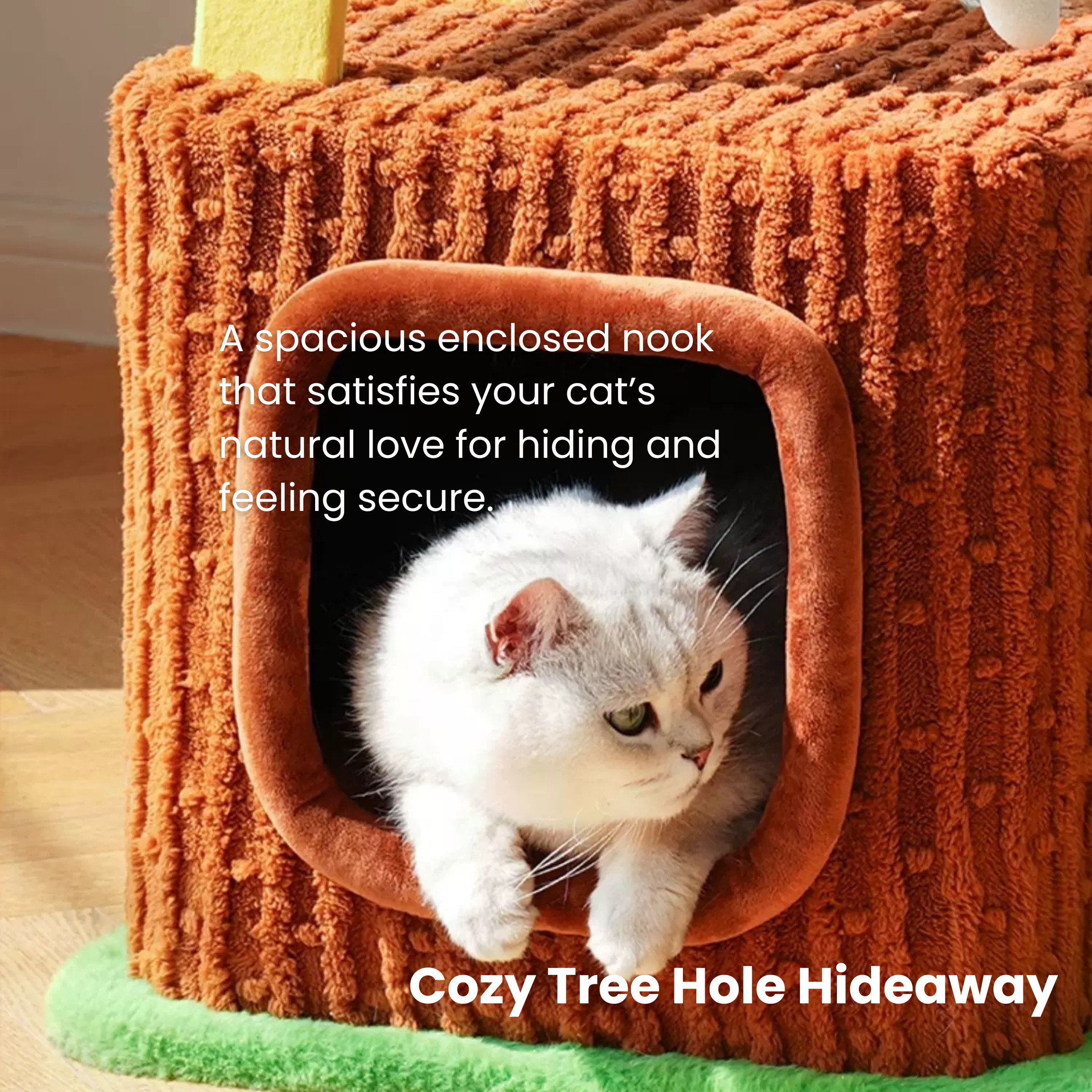 Zeze 3-in-1 cat tree with mushroom perch, trunk hideaway, and scratcher for play and comfort.