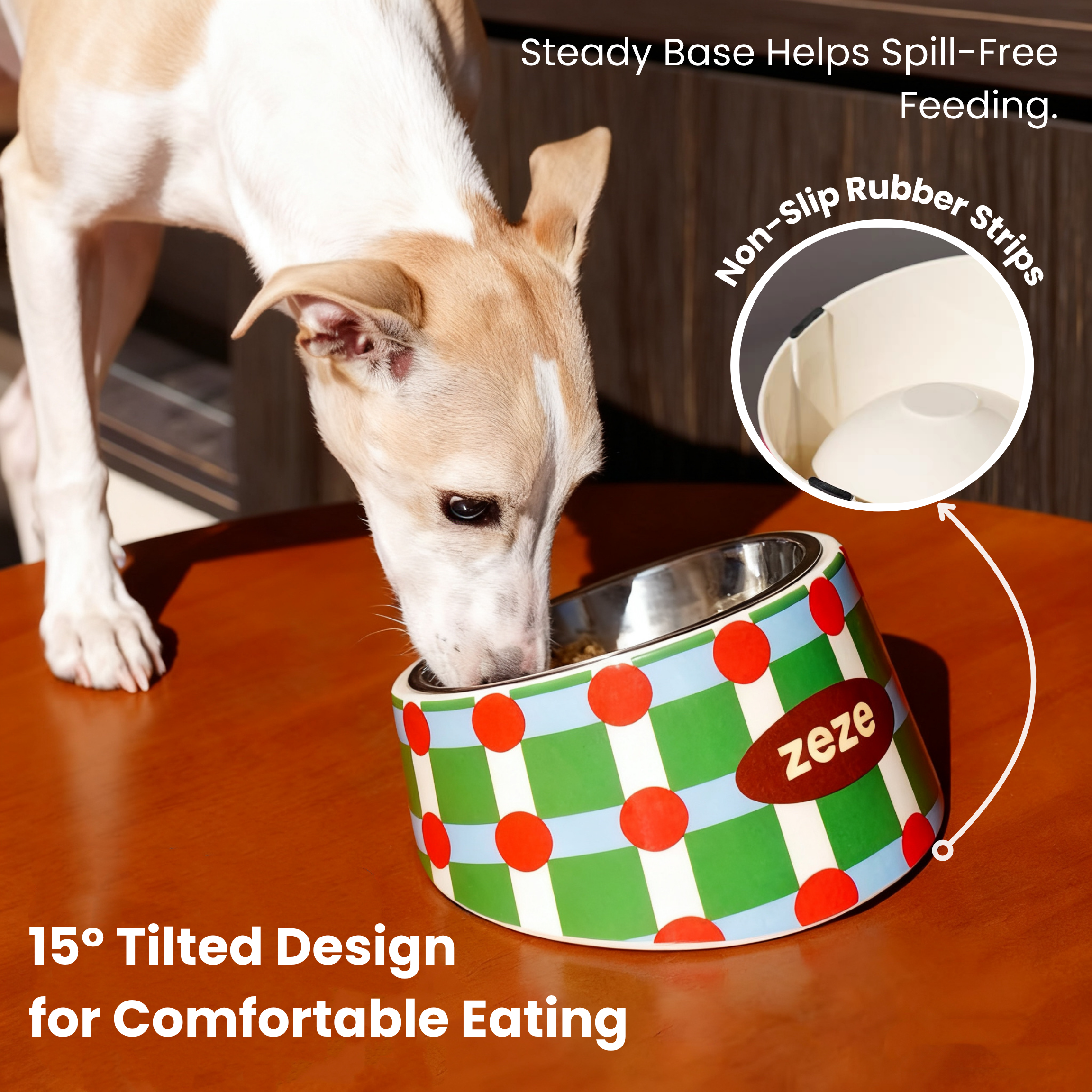 ZEZE 15° slanted stainless steel pet bowl for cats/dogs; ergonomic, non-slip, comfort feeding.