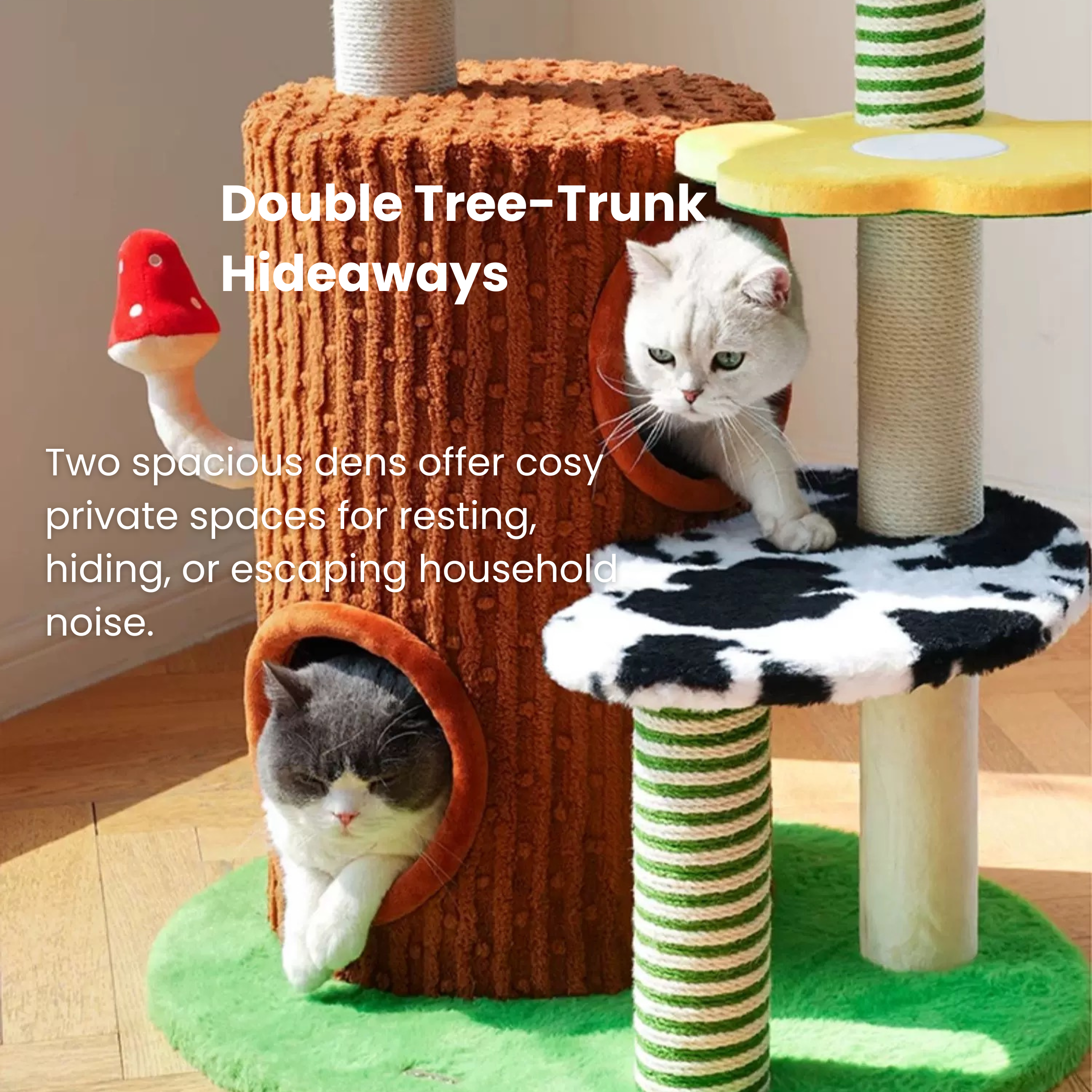 Fantasy Farm Deluxe Cat Tree with cow print, multi-level condo, scratcher, bed, and double hideaways.