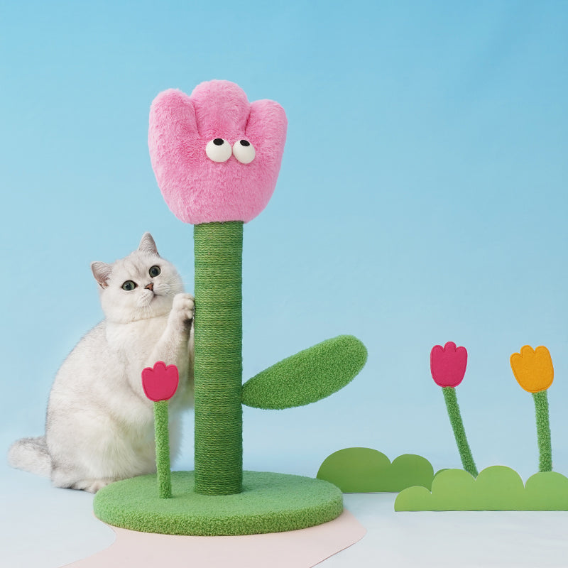 zeze Tulip Cat Scratching Post — Plush Bloom, Jute Rope Column & Rattle Leaf