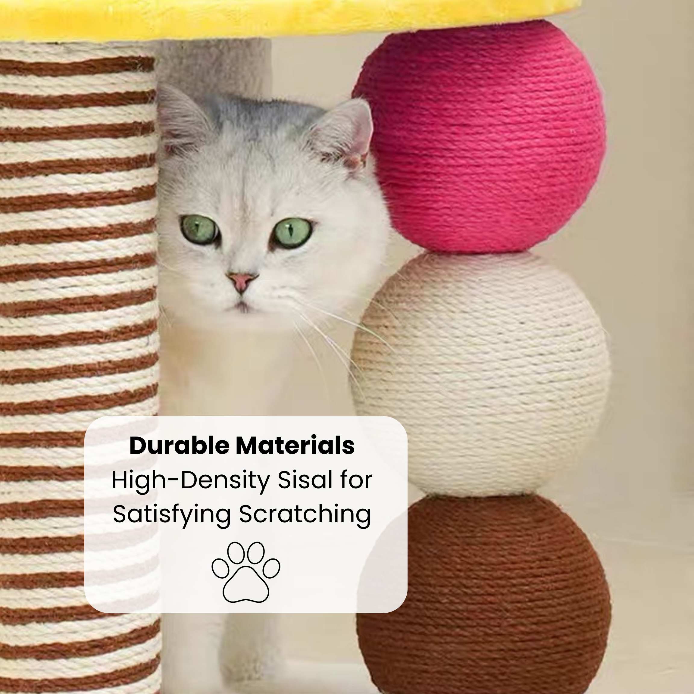 Two-tier arch cat tree with sisal posts, colorful balls, and plush perch for shared comfort.