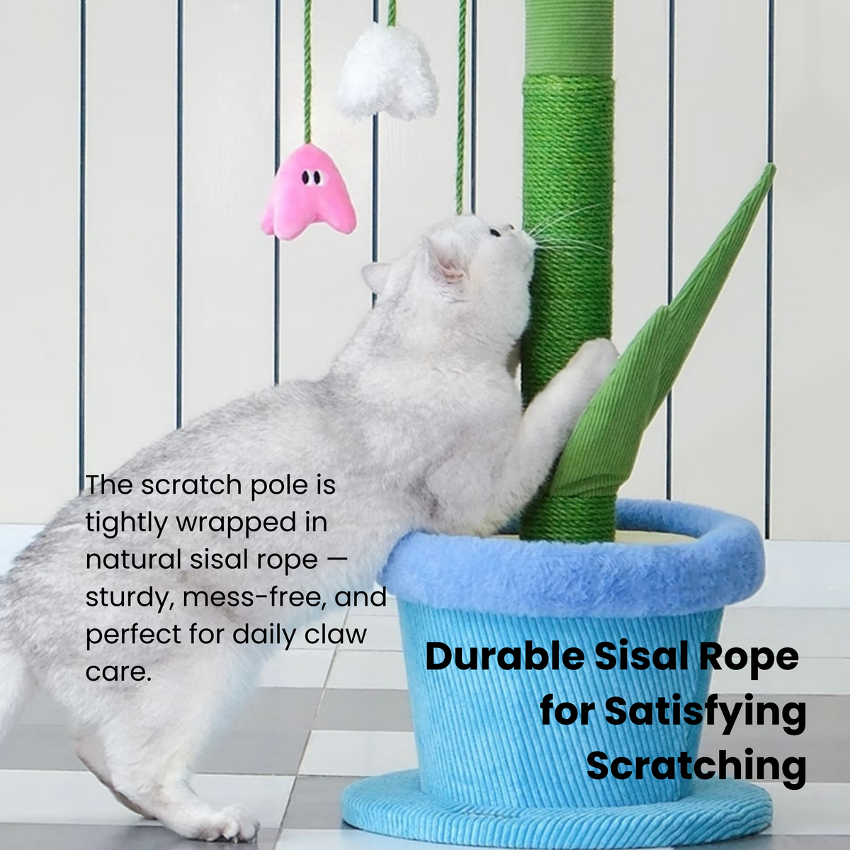 Lily-shaped cat scratcher with sisal post, corduroy base, and catnip toy for modern pet furniture.