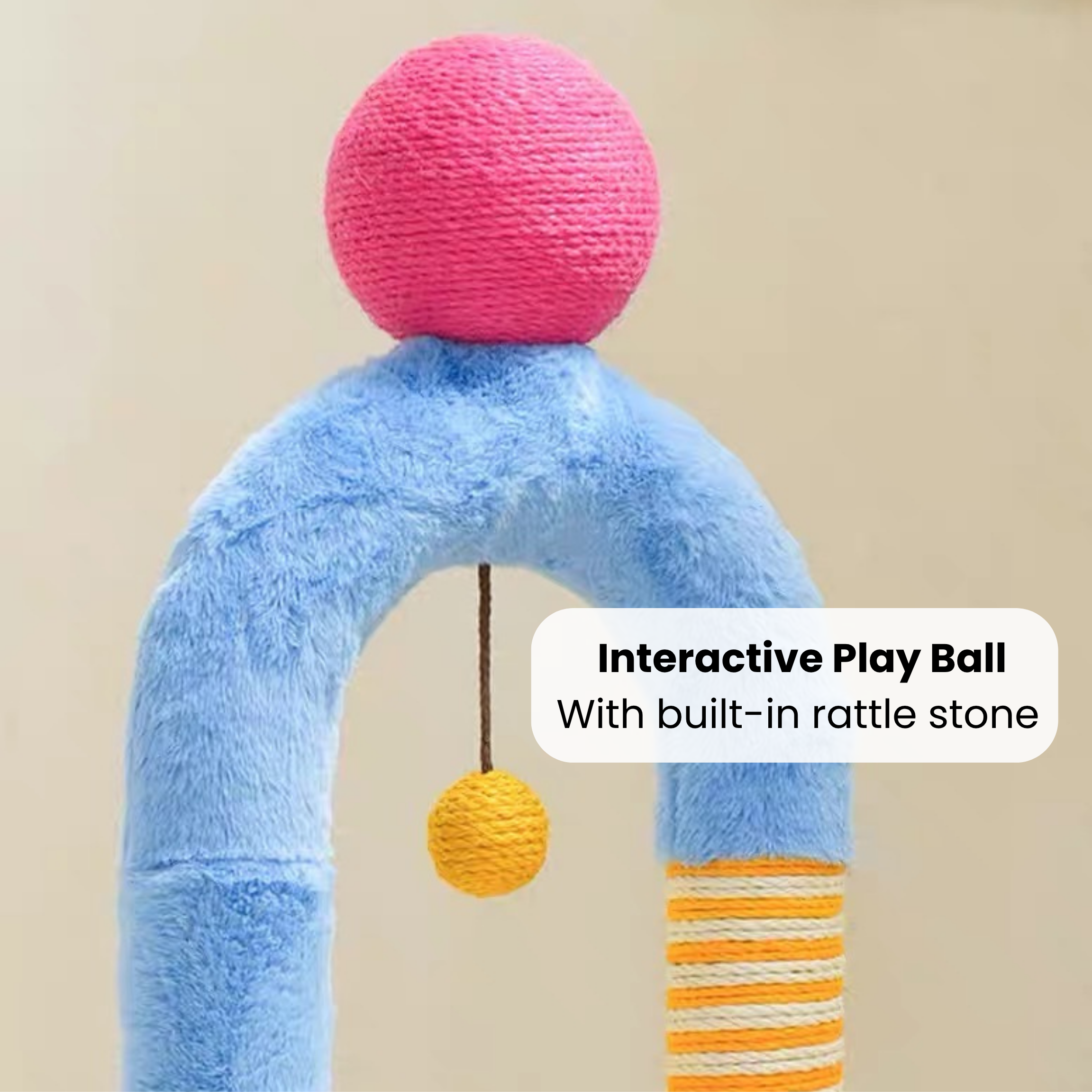 Blue two-tier cat tree with sisal post, pink yarn toy, and rubbing pole for climbing and scratching.