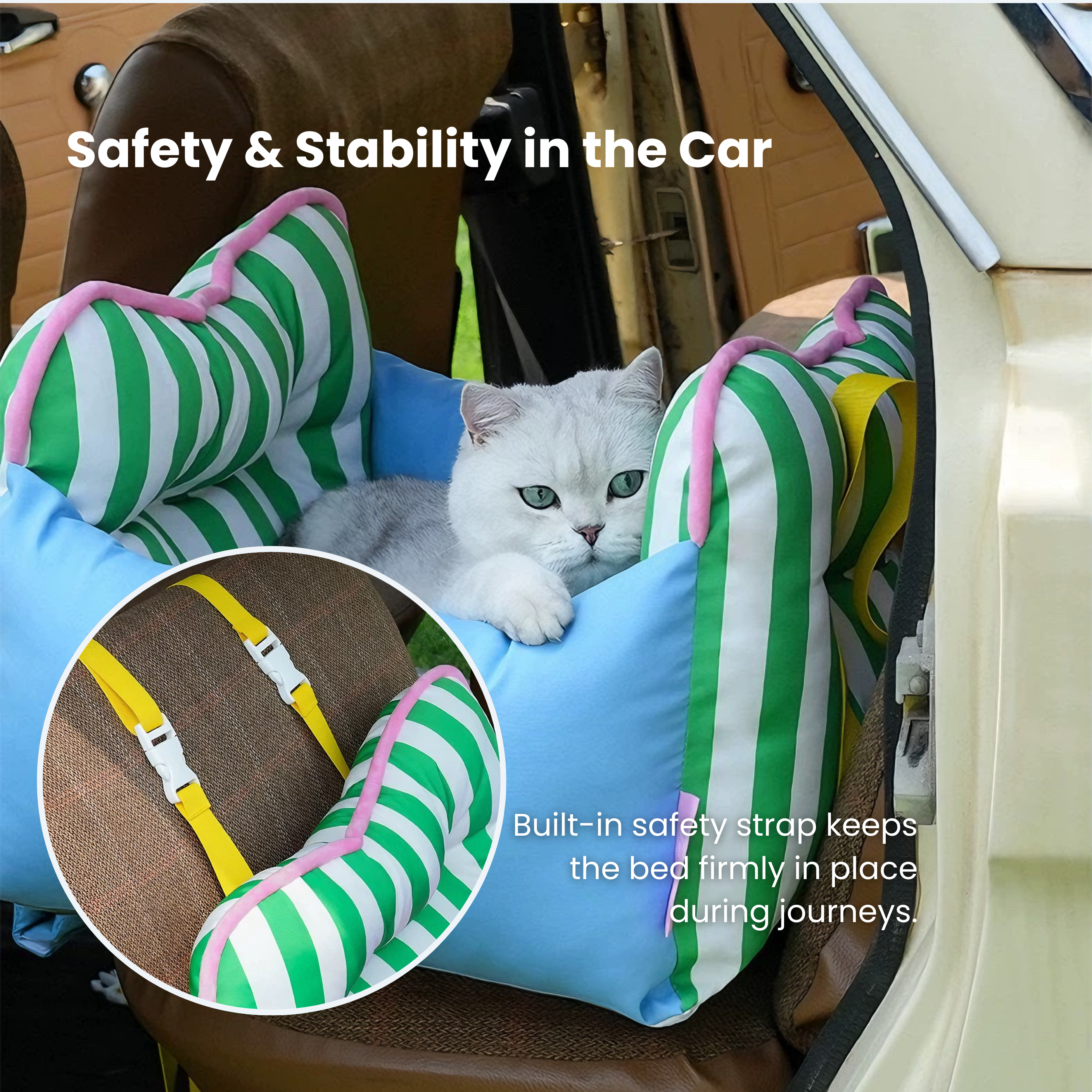 Blue striped Zeze pet car seat: safe, comfortable booster bed for cats' travel.