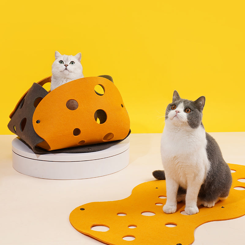zeze Felt Cat Tunnel in orange with round cheese-style holes over a charcoal grey base