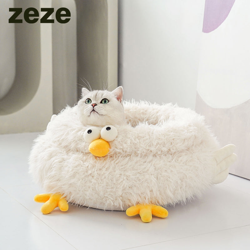 zeze Gugu Chicken Plush Pet Bed — Deep-Sided Round Nest for Cats & Small Dogs