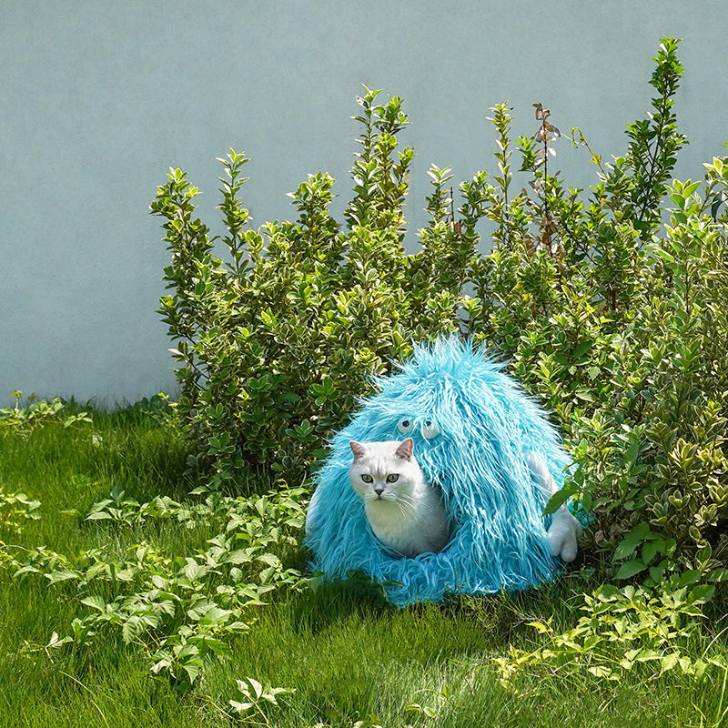 zeze Blue Monster Plush Cat House — Cosy Semi-Enclosed Hideaway Bed