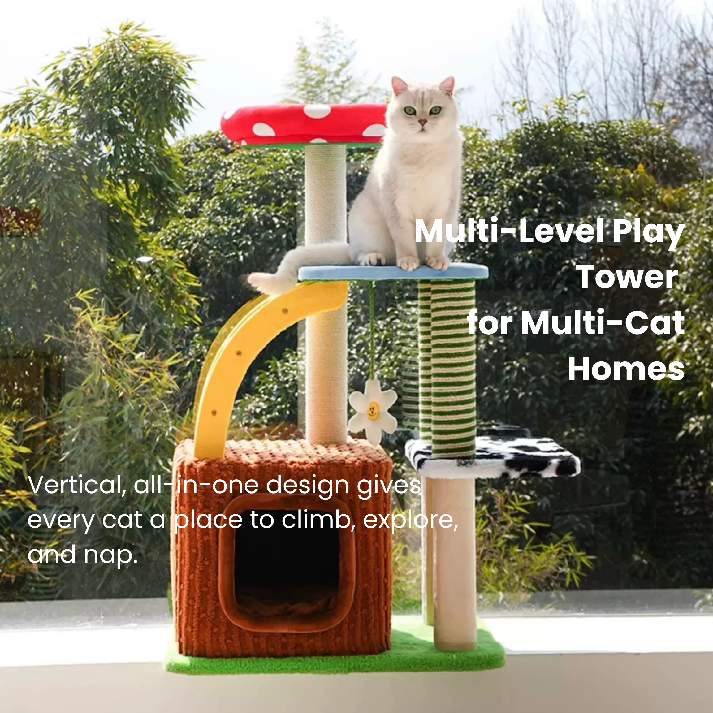 Whimsical cow print mushroom cat tree with condo and sisal scratcher.
