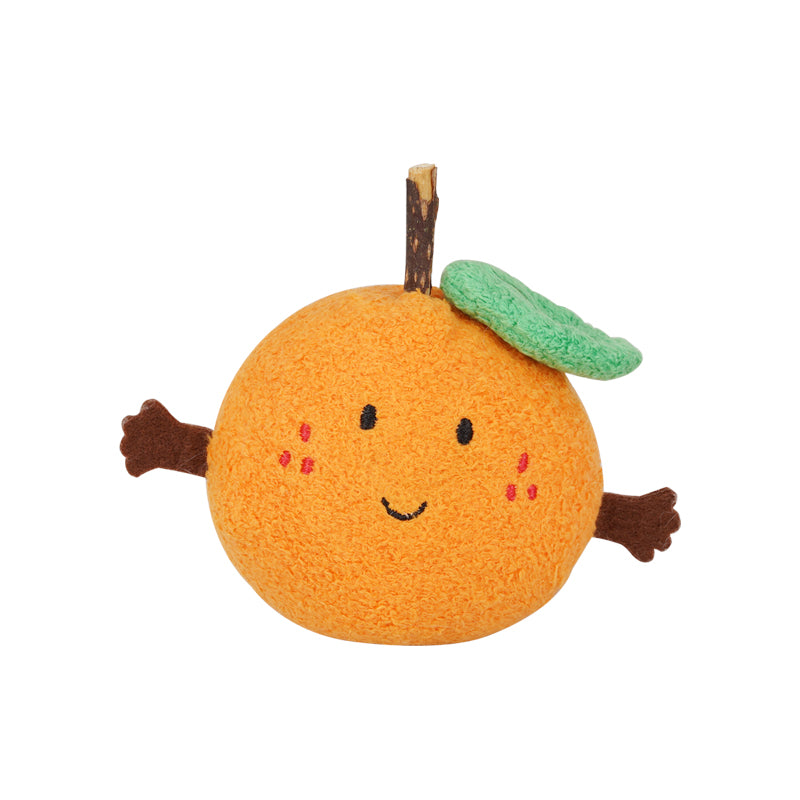 zeze plush orange cat toy with rosy cheeks, green leaf and a silvervine stick