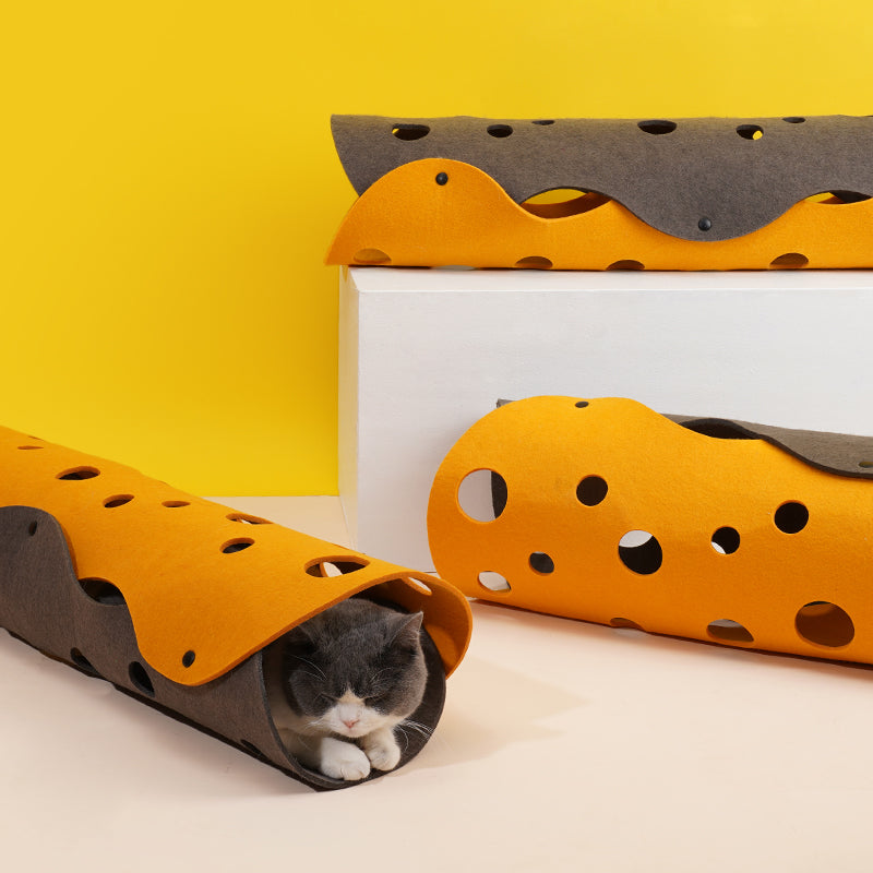 zeze Felt Cat Tunnel in orange with round cheese-style holes over a charcoal grey base