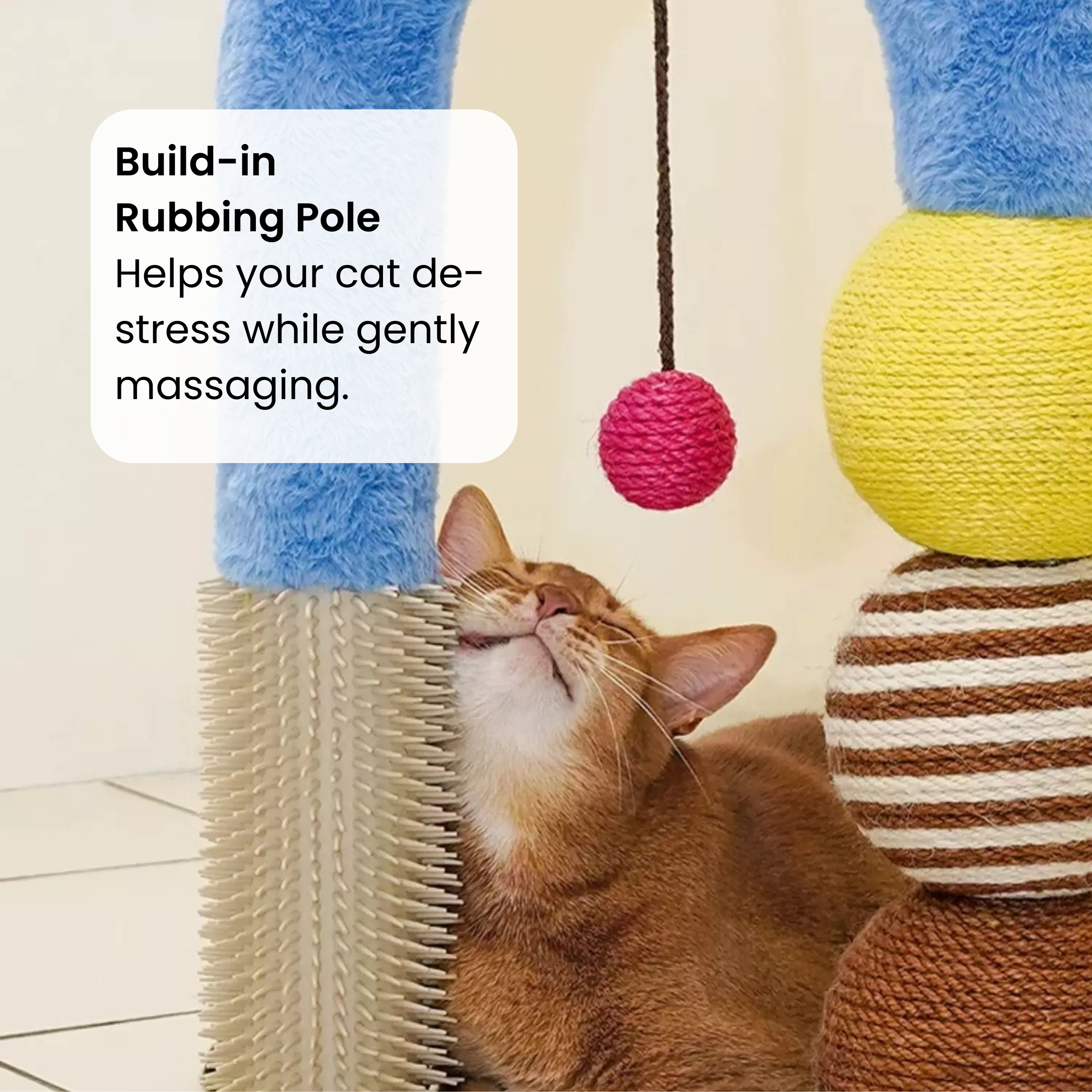 Modern cat tree with sisal scratcher, arch, and toys for scratching, stretching, and resting.