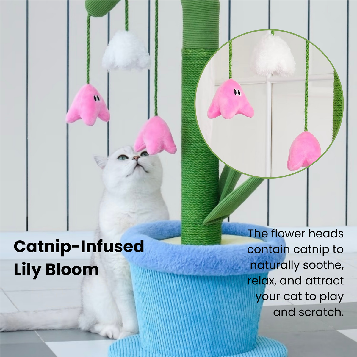 Floral lily cat scratcher with sisal post and catnip toy in a blue pot design.