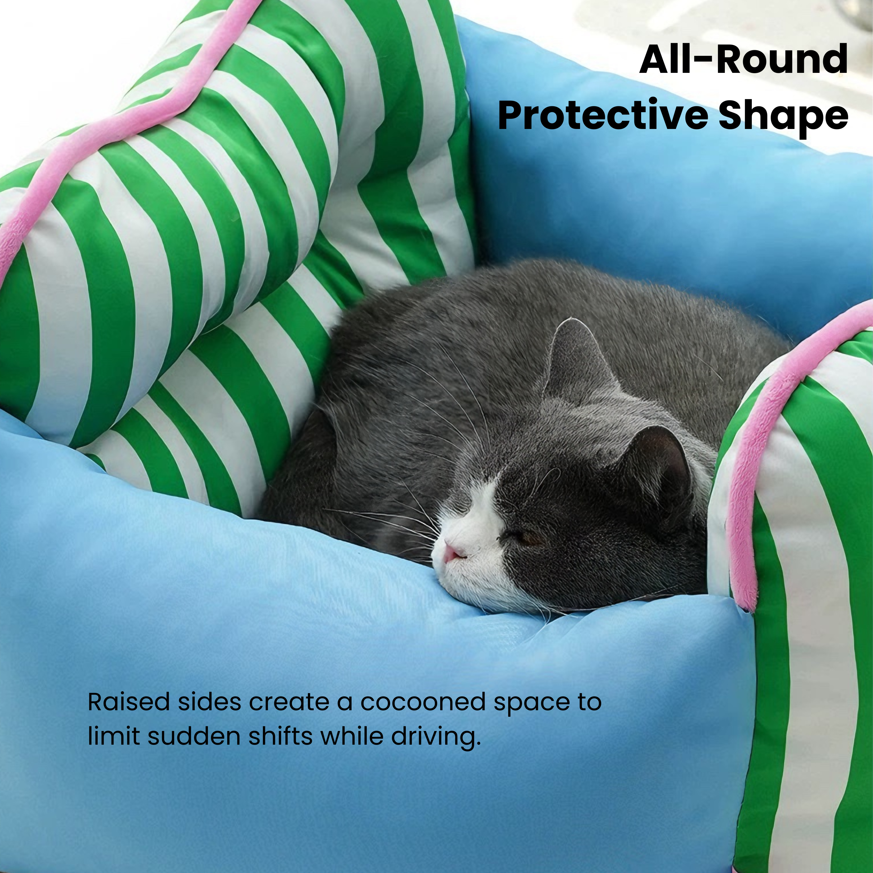 Striped Zeze cat/dog car seat bed for secure, comfortable travel.