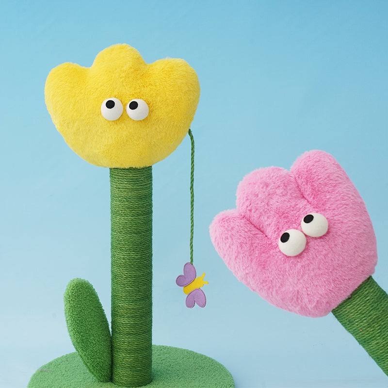 zeze Tulip Cat Scratching Post — Plush Bloom, Jute Rope Column & Rattle Leaf