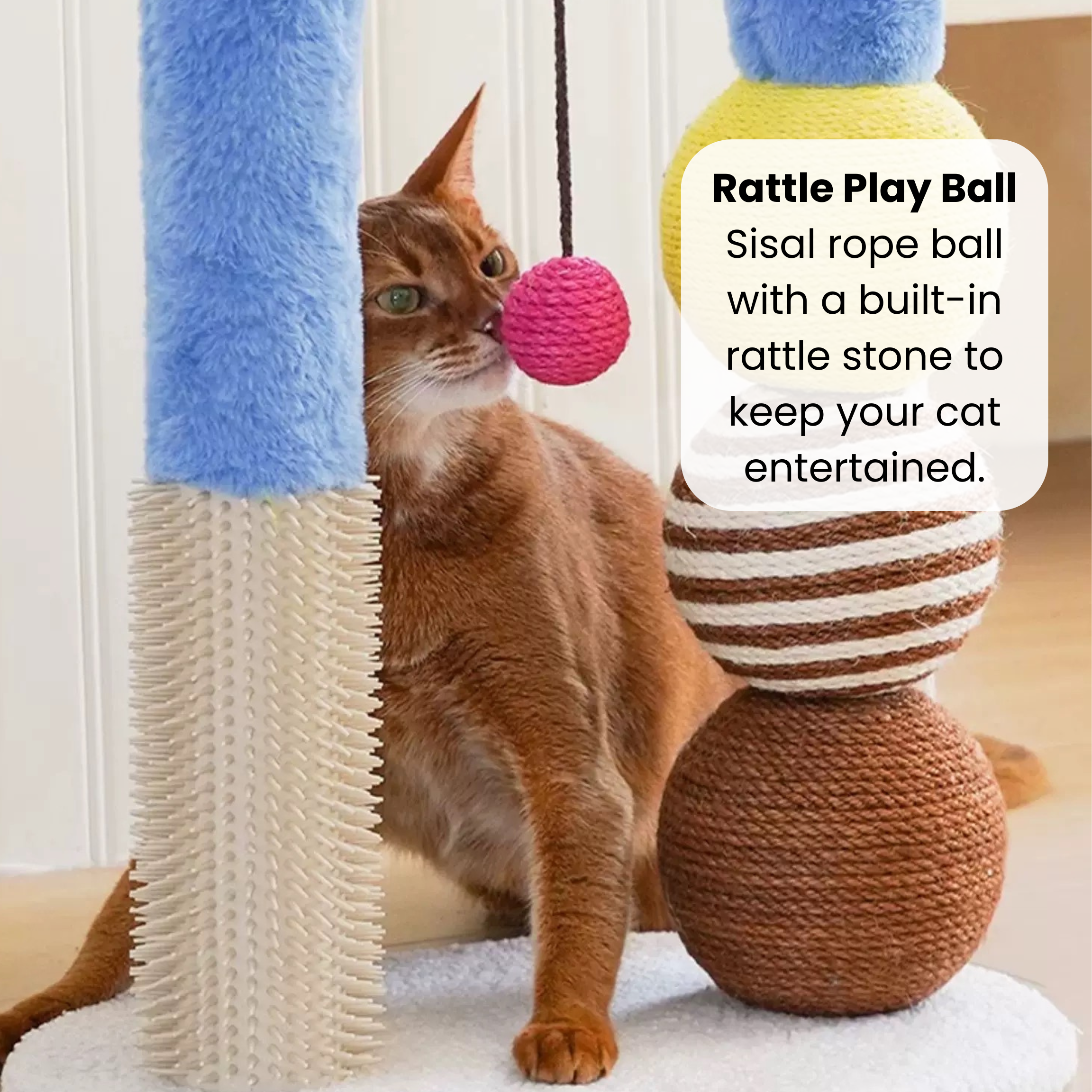 Zeze cat arch tree with sisal scratcher, brush, and rattle toy for scratching and stretching.