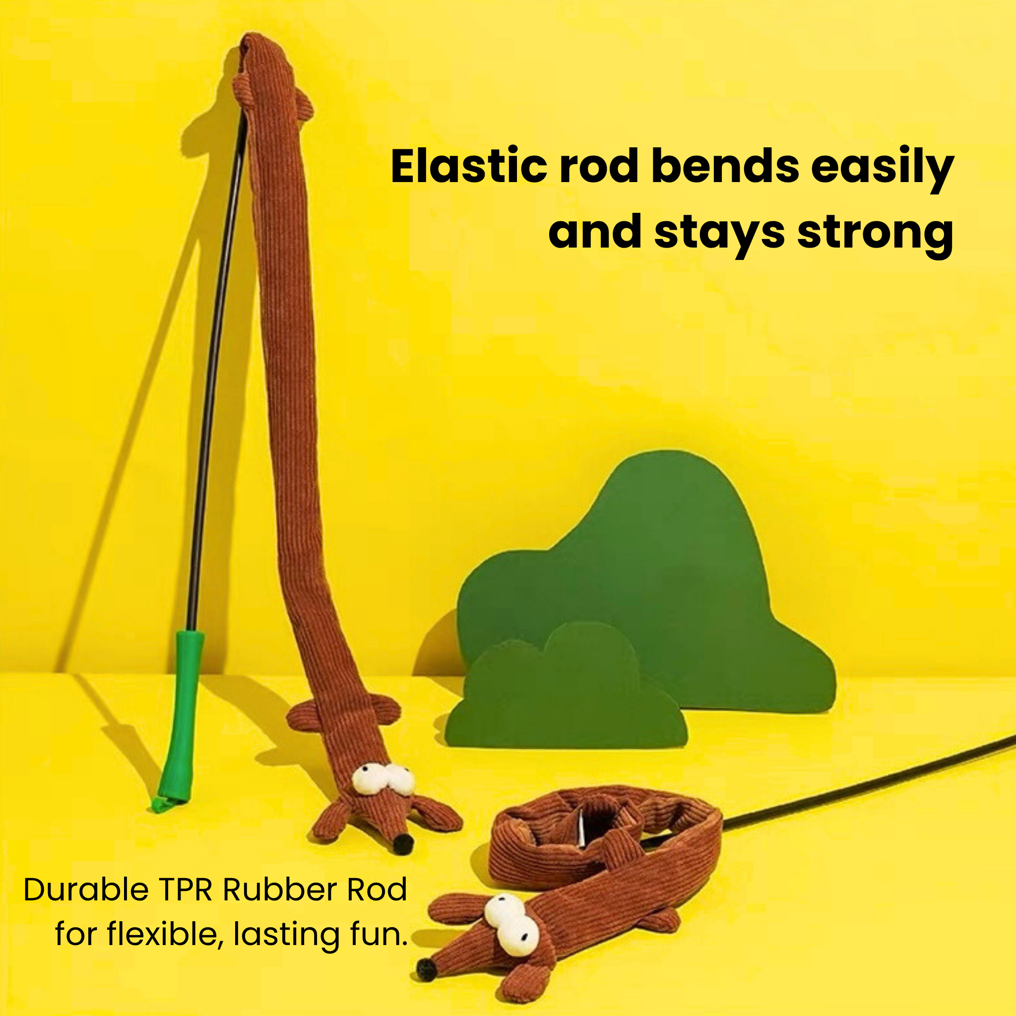 Dachshund cat teaser wand with soft crystal fleece toy, flexible rod, and crinkle film for interactive play.