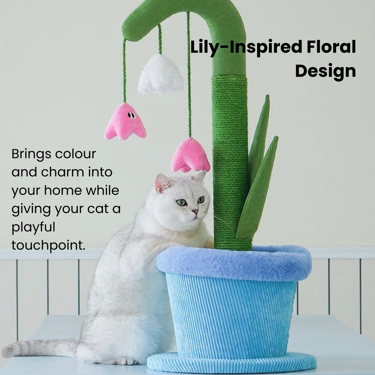 Floral lily cat scratcher post, sisal material, includes catnip toy, modern pet furniture.