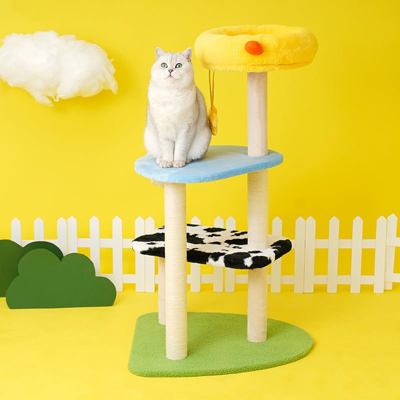zeze Happy Farm Cat Tree — 105cm Climbing Frame with Chick Nest & Cow-Print Perch
