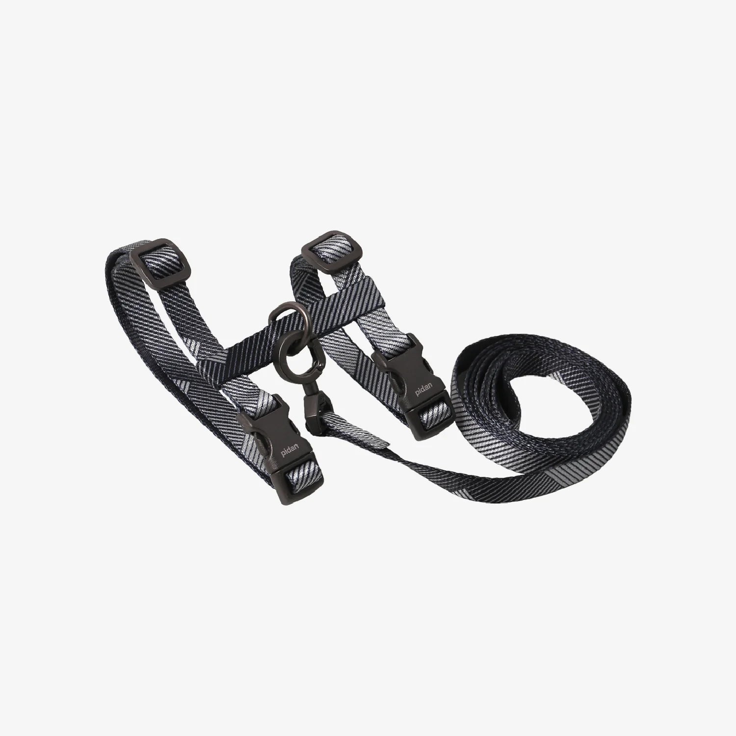 Black/grey plaid adjustable cat harness/leash set, polyester, secure walking vest, M/L sizes.