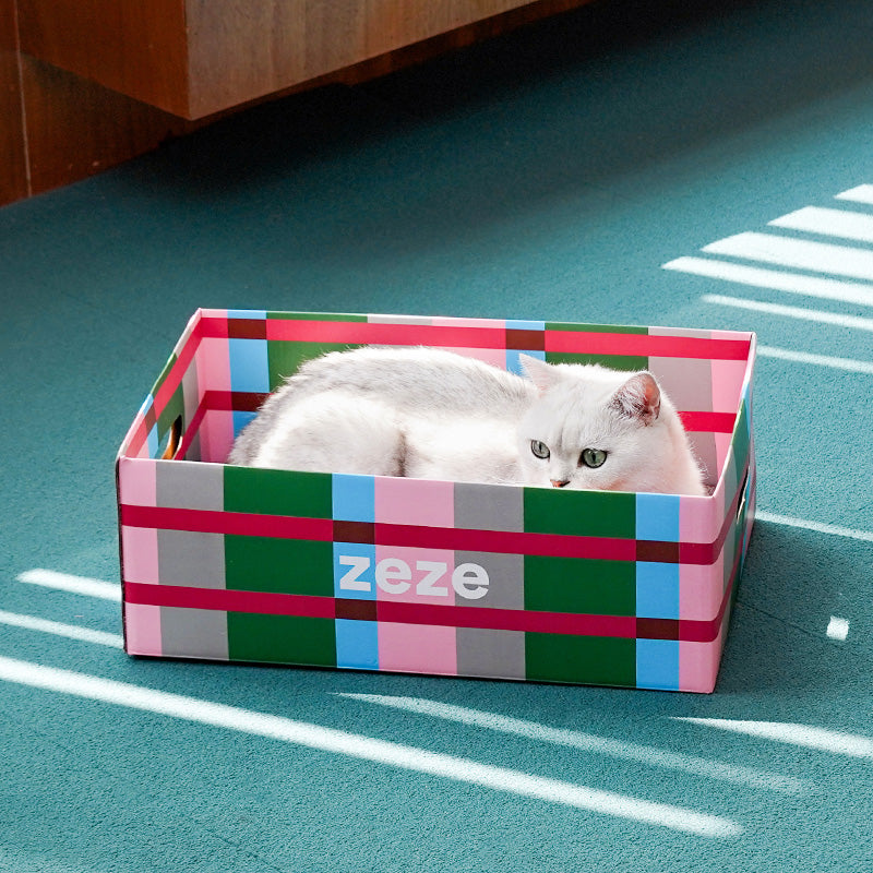 zeze Checkered Cardboard Cat Scratcher Box — Lounger, Scratch Pad & Catnip