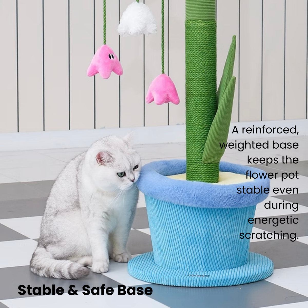 Floral sisal cat scratcher post shaped like a lily with a blue base, infused with catnip.