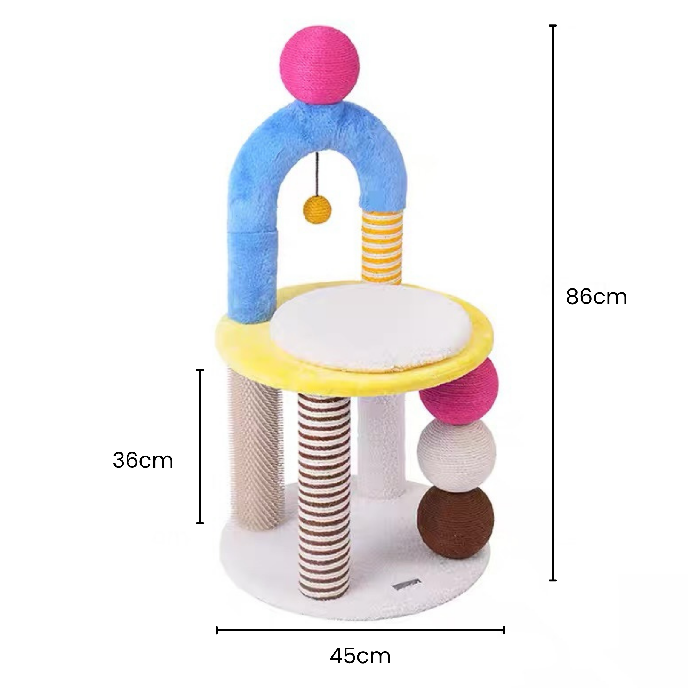 Modern 86cm two-tier cat tree with sisal posts, rubbing pole, and yellow toy.