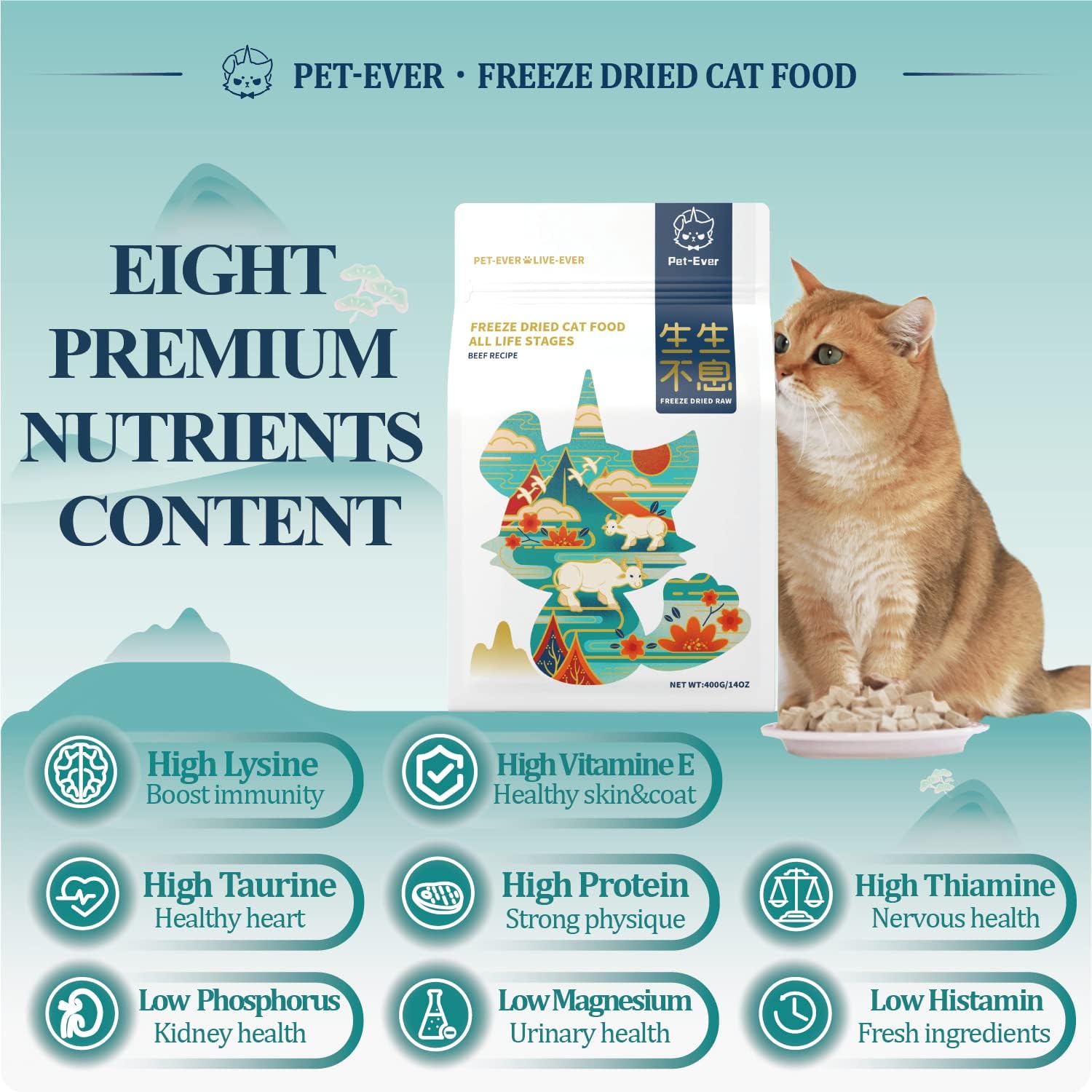 Freeze-dried raw cat food: 96% real meat beef recipe, grain-free, high-protein, supports joint/skin/heart/vision health.
