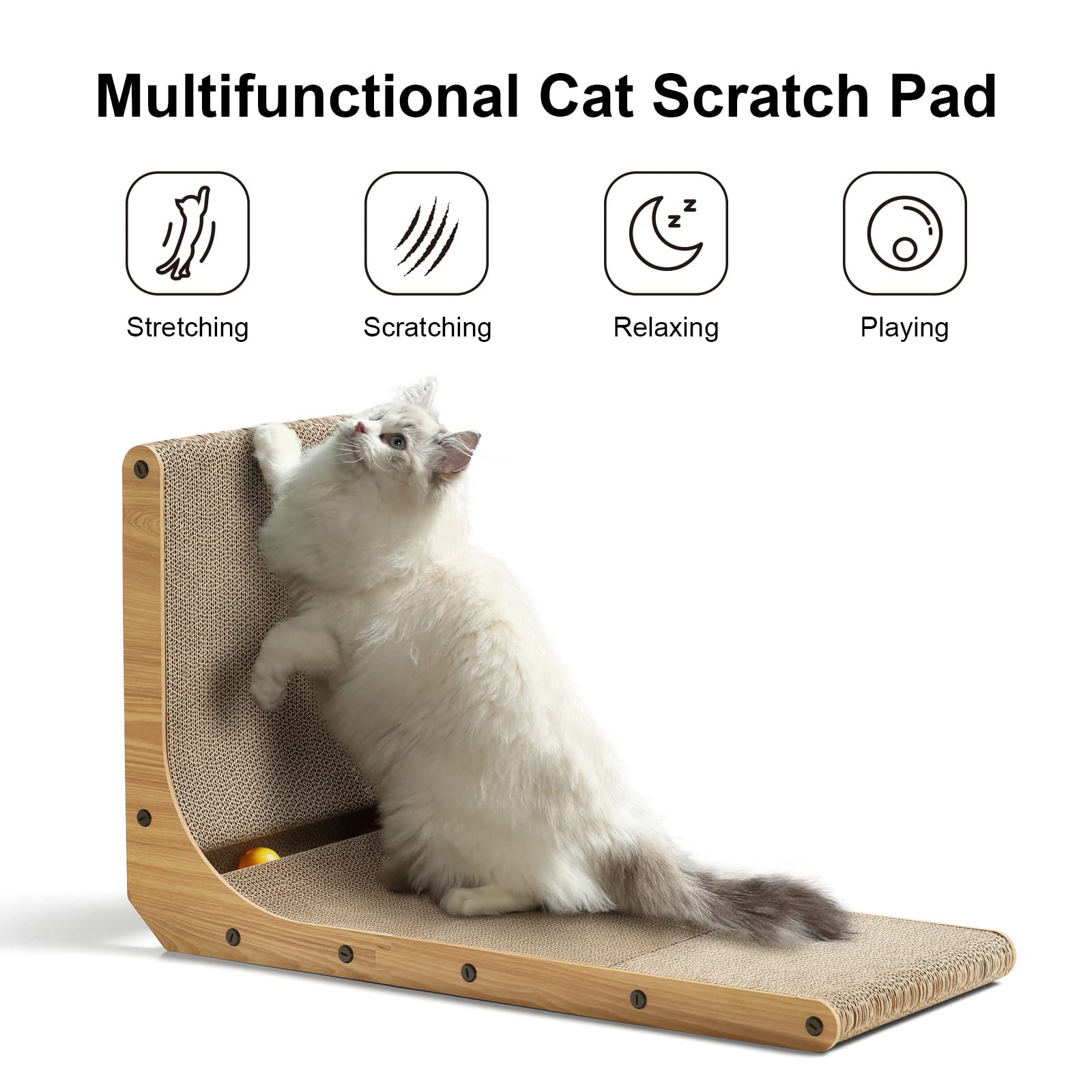 FUKUMARU brown L-shaped wall-mounted cat scratcher (68cm cardboard) with ball toy.