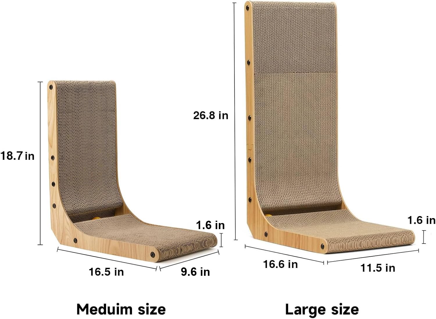 Wall-mounted L-shape cat scratcher perch with brown cardboard and ball toy.