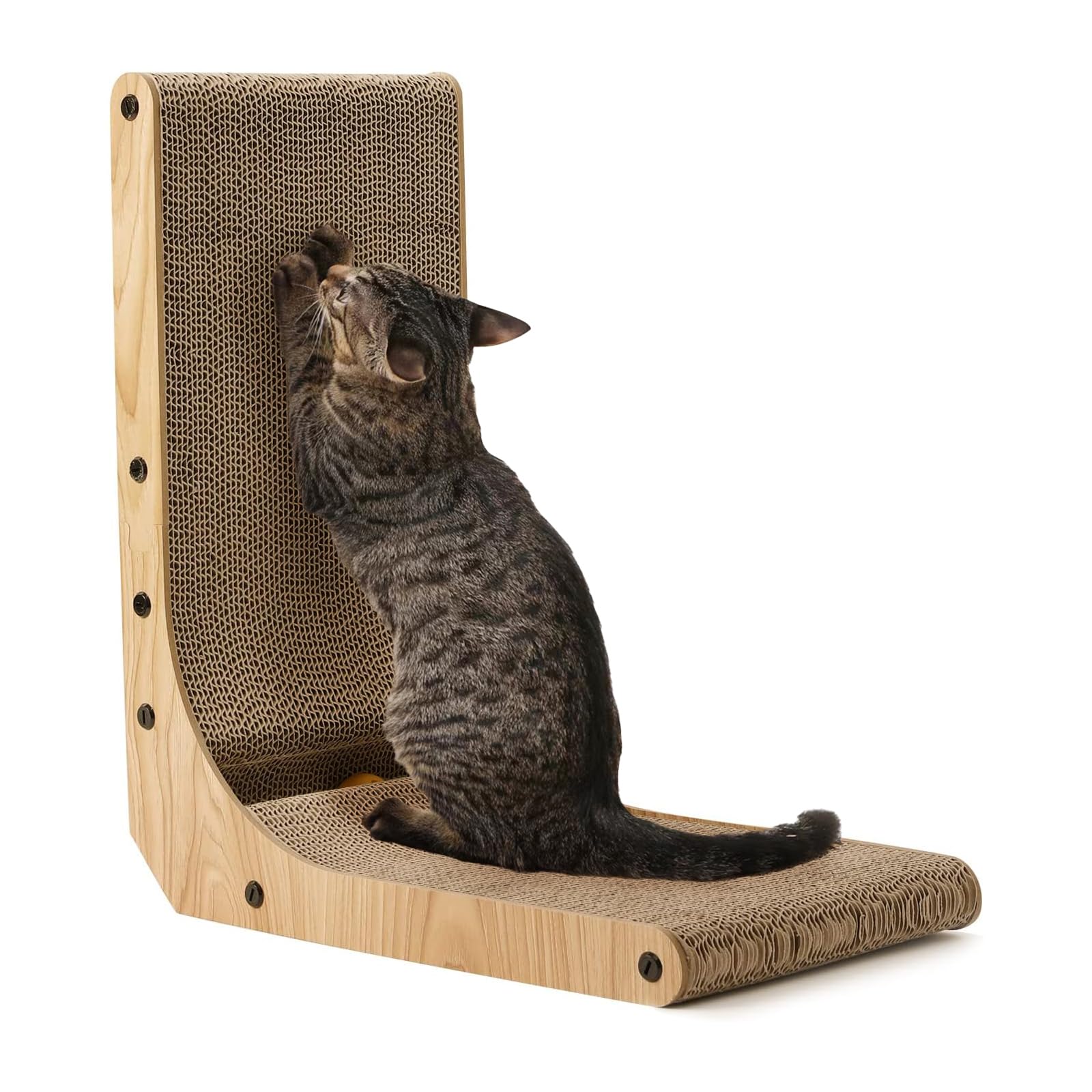 Wall-mounted L-shape cat scratcher, brown cardboard/wood, medium, space-saving indoor cat accessory.