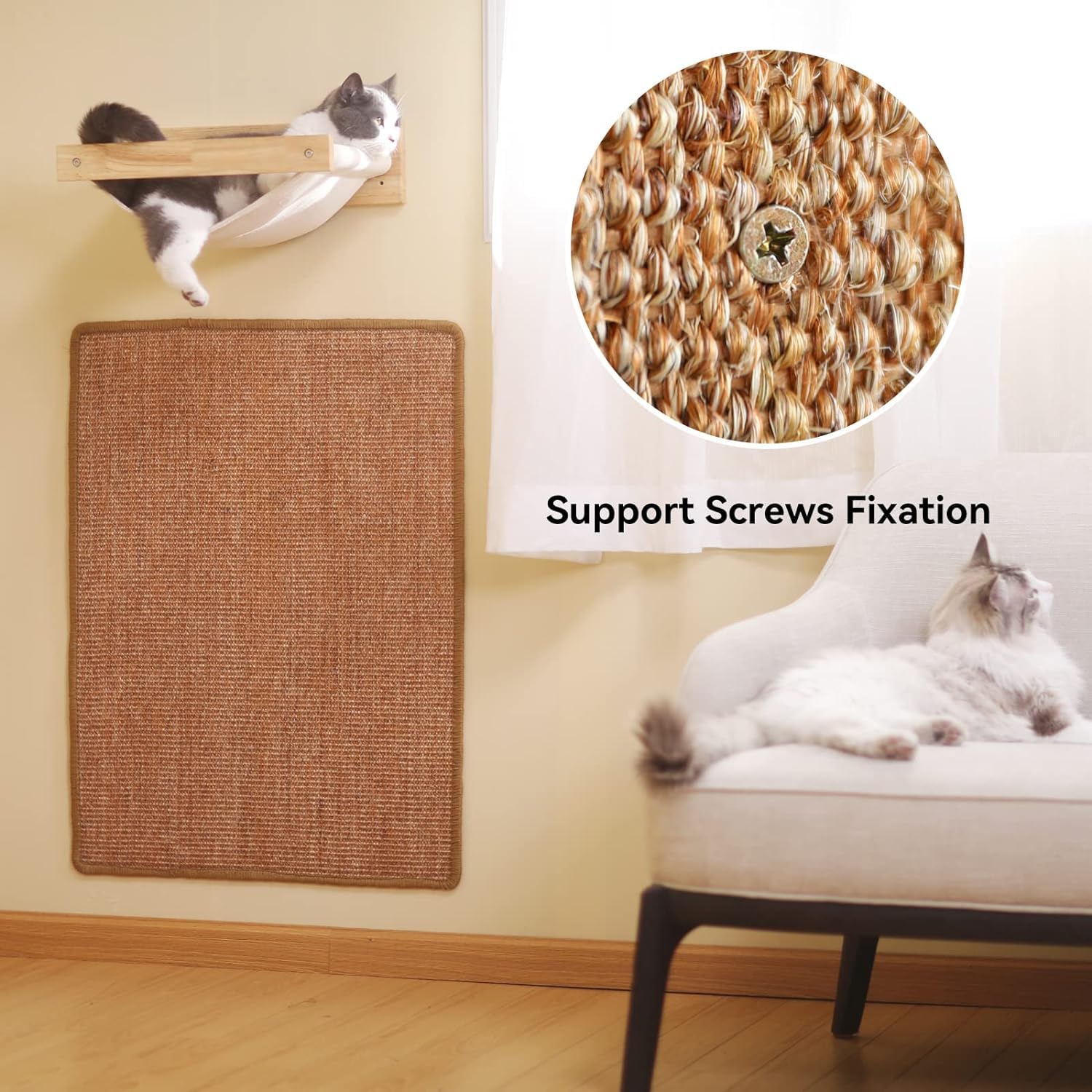 Wall-mounted natural sisal cat scratching mat protects furniture, usable horizontally on the floor.