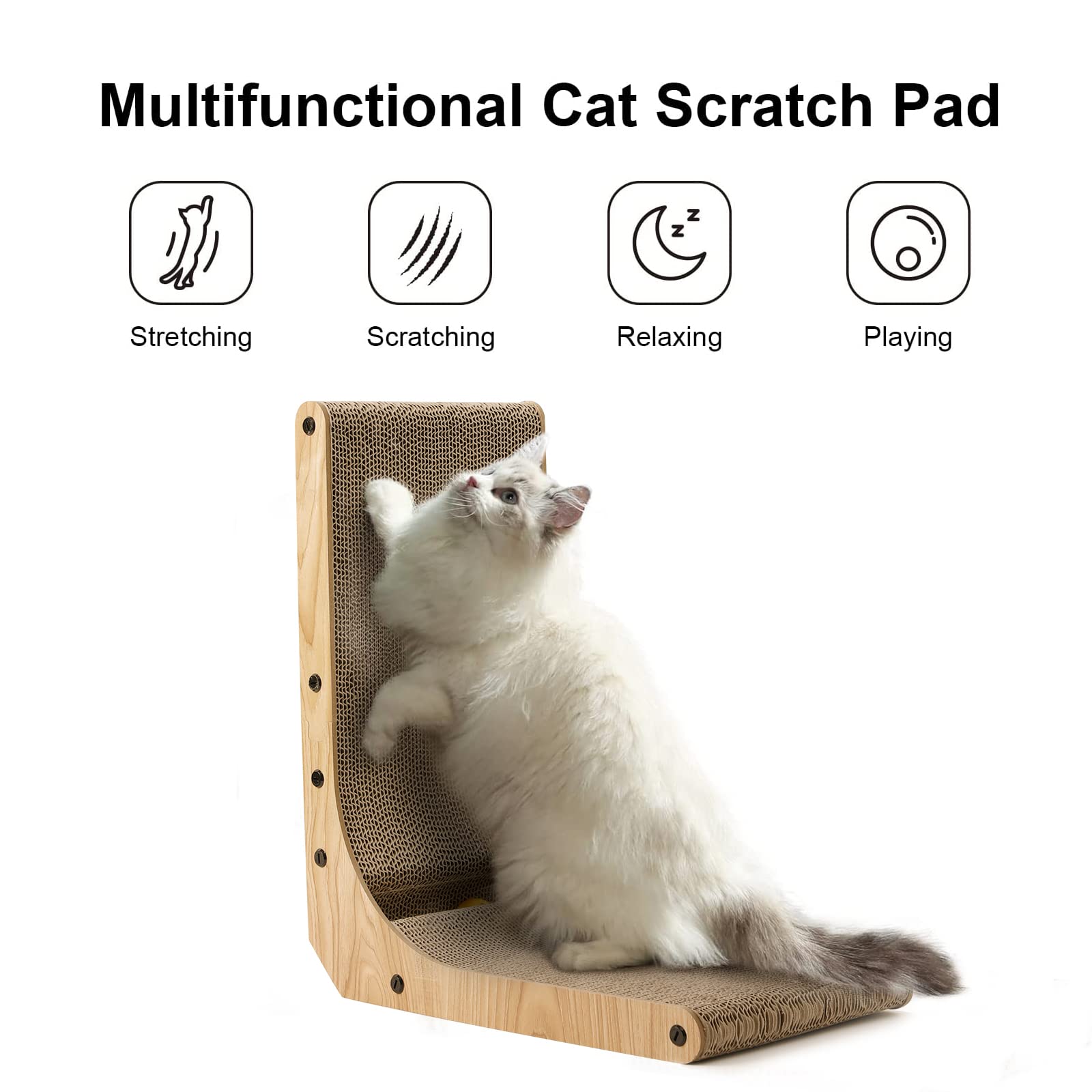 Wall-mounted brown L-shape cat scratcher with toy saves space and protects furniture.