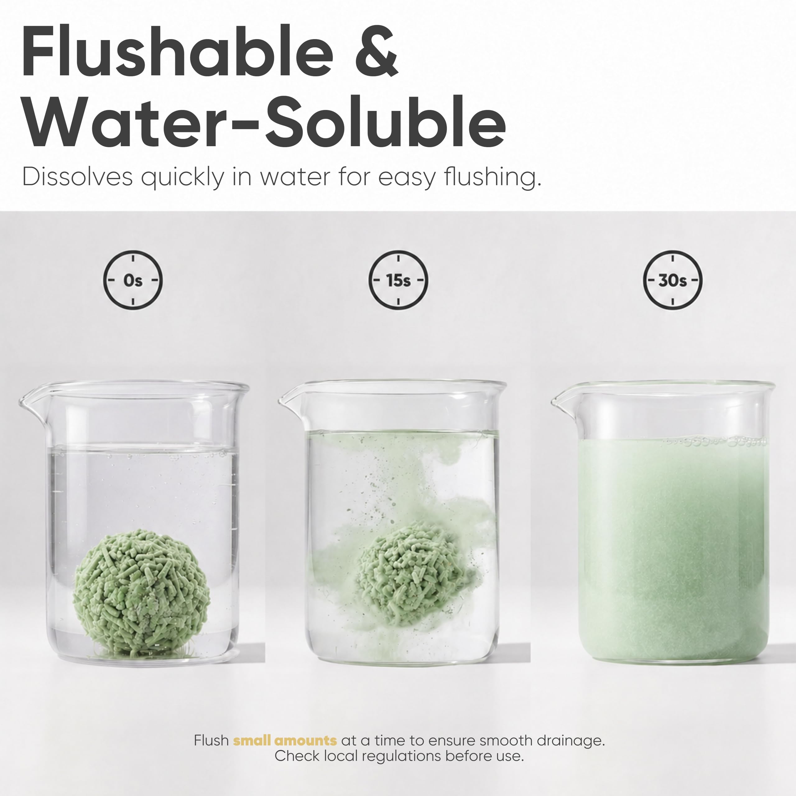 Flushable & water-soluble — dissolves quickly; flush small amounts