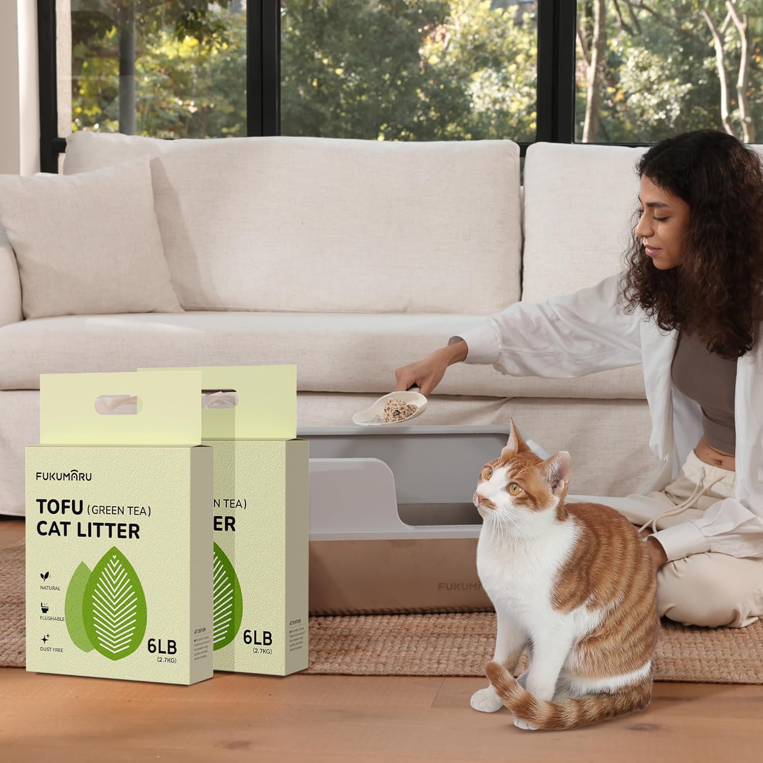 Green tea tofu cat litter in a home setting